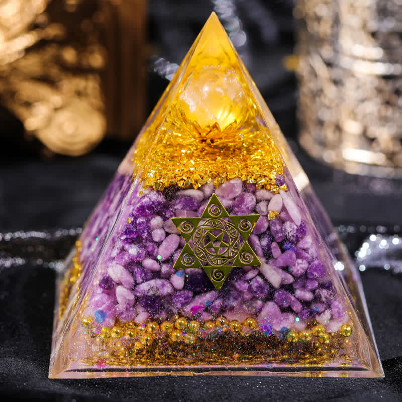 Olivenorma "Double Luck" Clear Crystal Lepidolite Orgone Pyramid - image 1