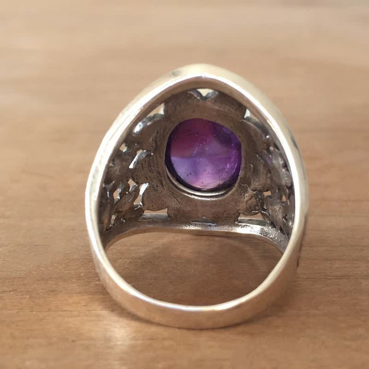 Olivenorma Natural Oval Amethyst Carved Hollow Flower Ring - image 3