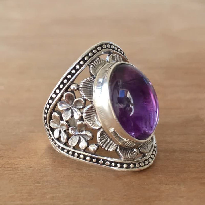Olivenorma Natural Oval Amethyst Carved Hollow Flower Ring - image 1