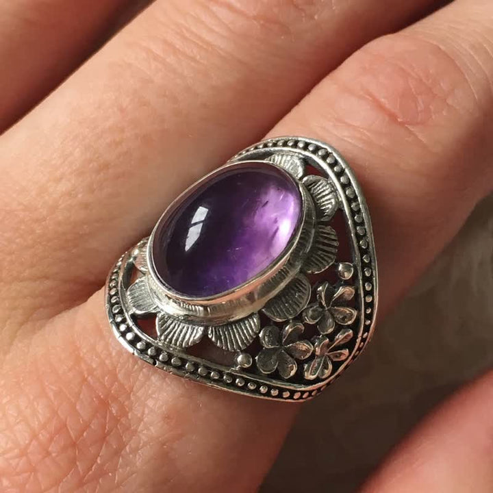 Olivenorma Natural Oval Amethyst Carved Hollow Flower Ring - US13 - image 0