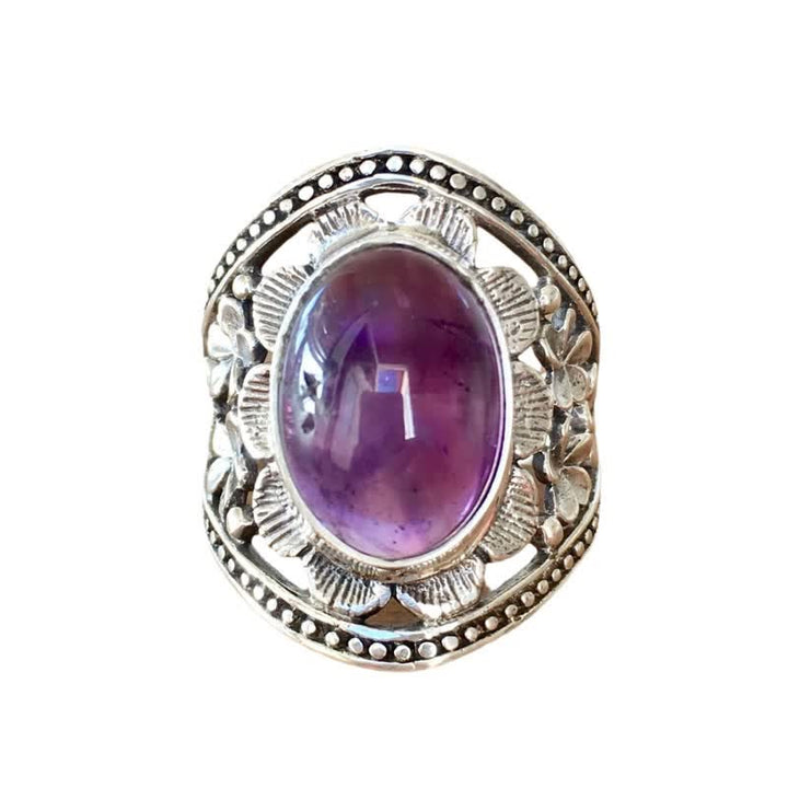 Olivenorma Natural Oval Amethyst Carved Hollow Flower Ring - image 4