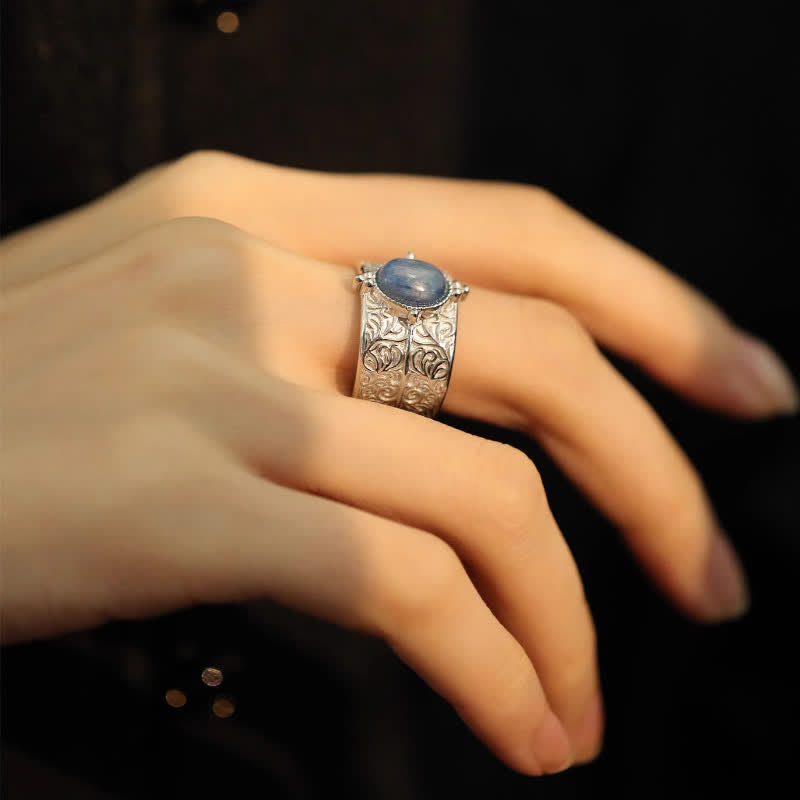 Olivenorma Oval Blue Aventurine Carved Flower Wide Ring - image 3