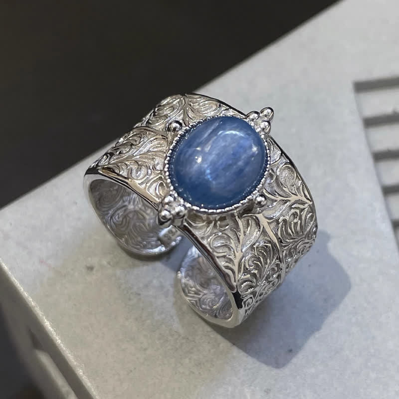 Olivenorma Oval Blue Aventurine Carved Flower Wide Ring - image 1