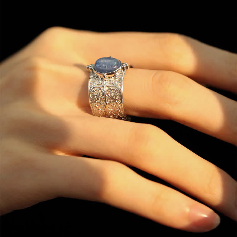 Olivenorma Oval Blue Aventurine Carved Flower Wide Ring - image 4