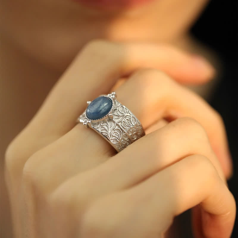 Olivenorma Oval Blue Aventurine Carved Flower Wide Ring - image 2