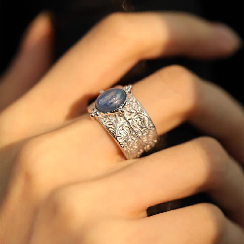 Olivenorma Oval Blue Aventurine Carved Flower Wide Ring - Blue Aventurine - image 0