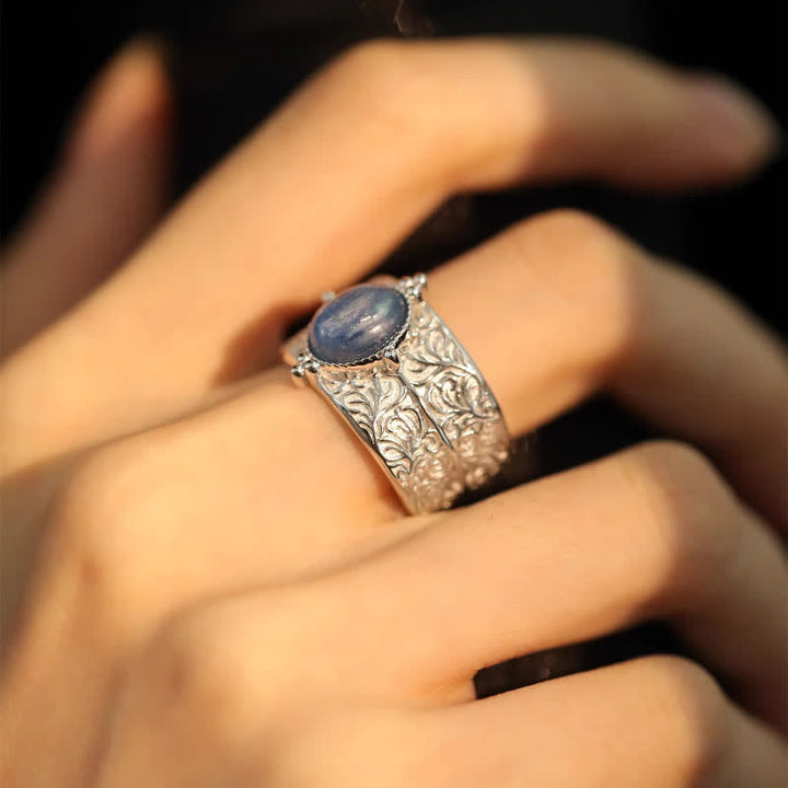 Olivenorma Oval Blue Aventurine Carved Flower Wide Ring - Blue Aventurine - image 0
