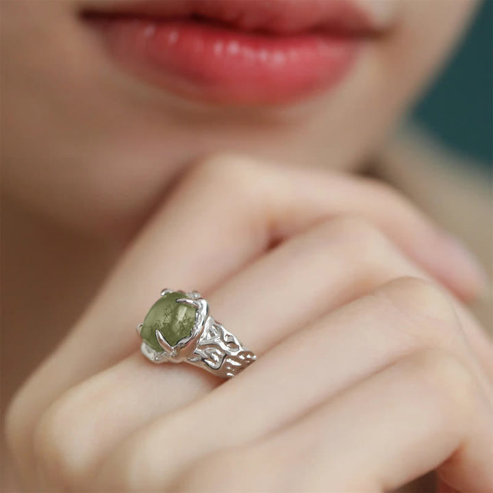 Olivenorma Vintage Geometric Moss Agate Four-Claw Ring - image 1