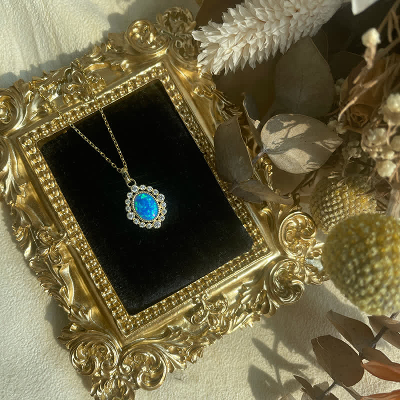 Olivenorma Blue Opal Oval Engraved Pendant Necklace - image 1
