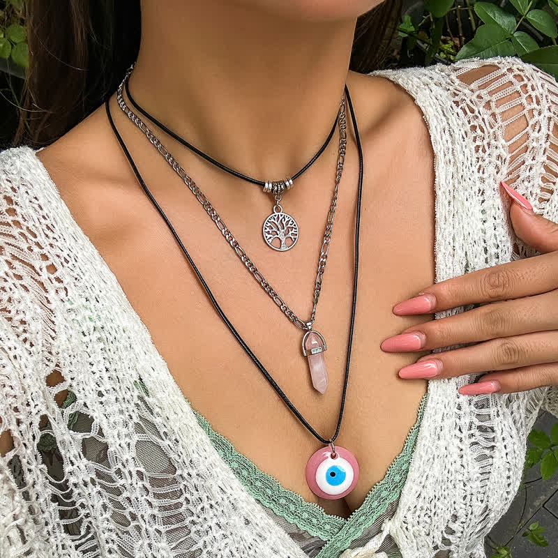 Olivenorma Natural Stone Tree Of Life Pendant Necklace Set - Rose Quartz - image 0