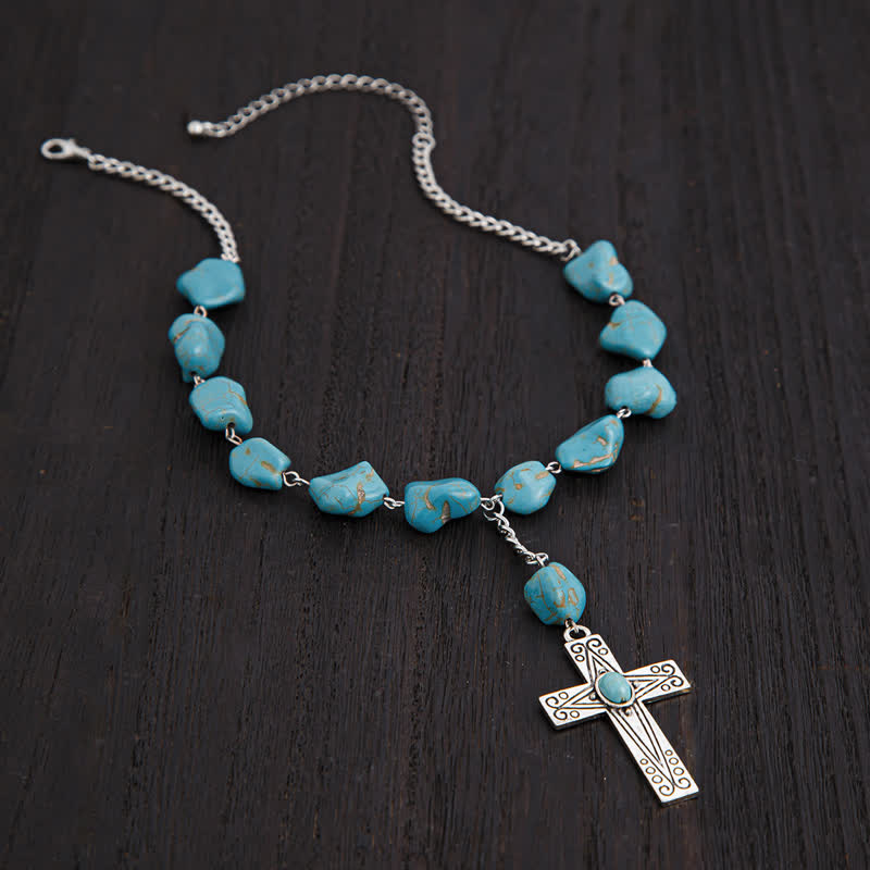 Olivenorma Natural Turquoise Exaggerated Cross Pendant Necklace Set - image 2