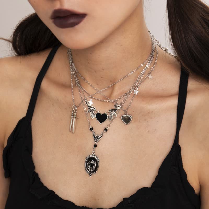 Olivenorma Obsidian Gothic Bat Pendant Necklace Set - Heart - image 0
