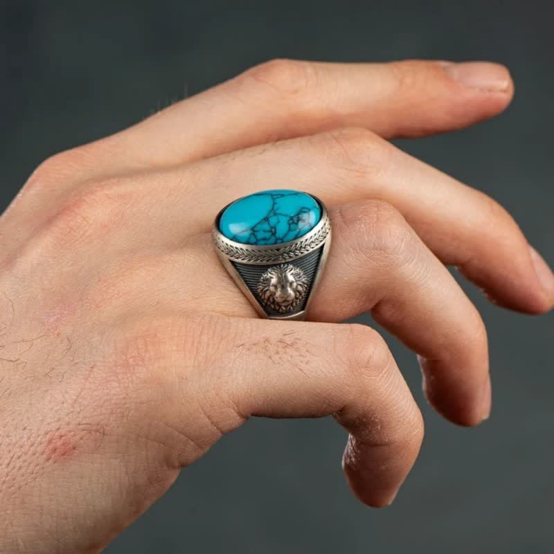 Olivenorma Oval Turquoise Winged Lion Men's Ring - image 1