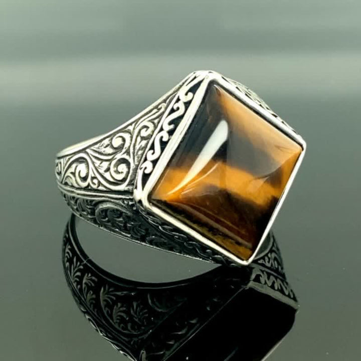 Olivenorma Natural Square Tiger Eye Alloy Men Ring - image 4