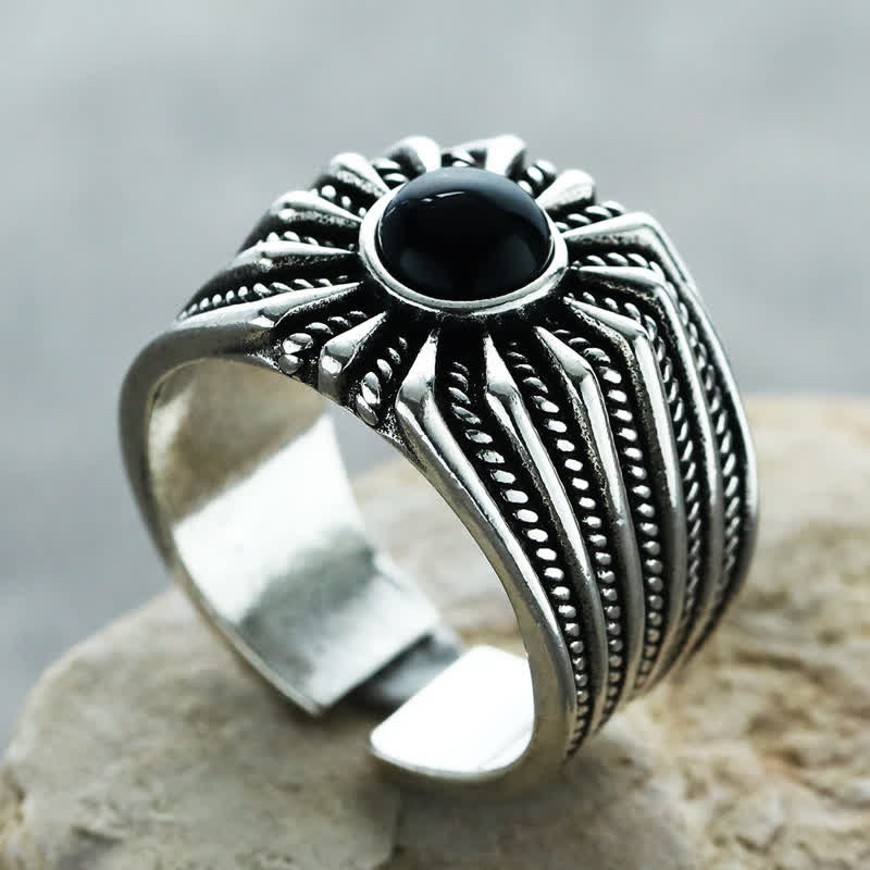 Olivenorma Natural Black Onyx Engraved Men Adjustable Ring - image 2