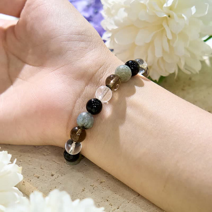 Olivenorma Clear Crystal Labradorite Obsidian Smoky Quartz Beaded Bracelet - image 1