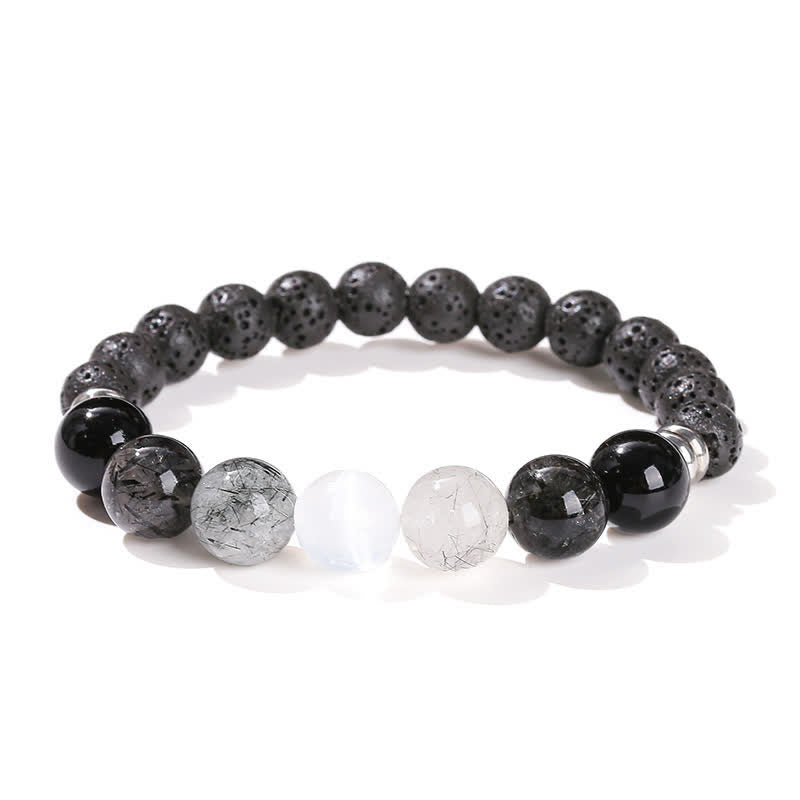 Olivenorma Black Quartz Rutilated Beaded Bracelet - Lava Stone & Obsidian & Clear Crystal & Black Quartz Rutilated - image 0