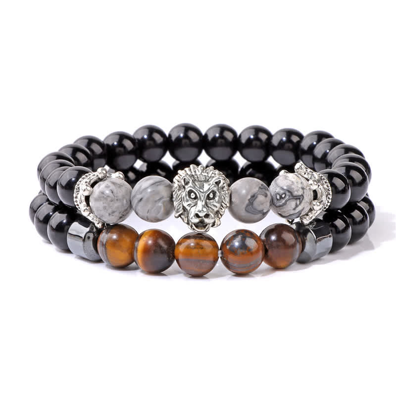 Olivenorma Obsidian Tiger Eye Stone Lion Head Beaded Bracelet - Grey Jasper - image 10