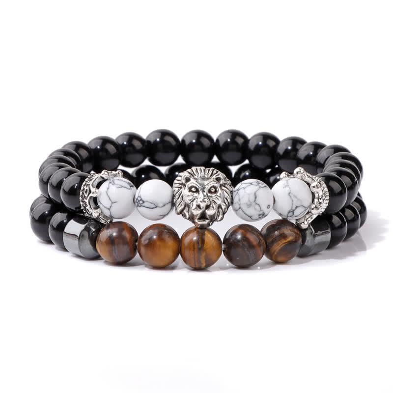 Olivenorma Obsidian Tiger Eye Stone Lion Head Beaded Bracelet - White Turquoise - image 8