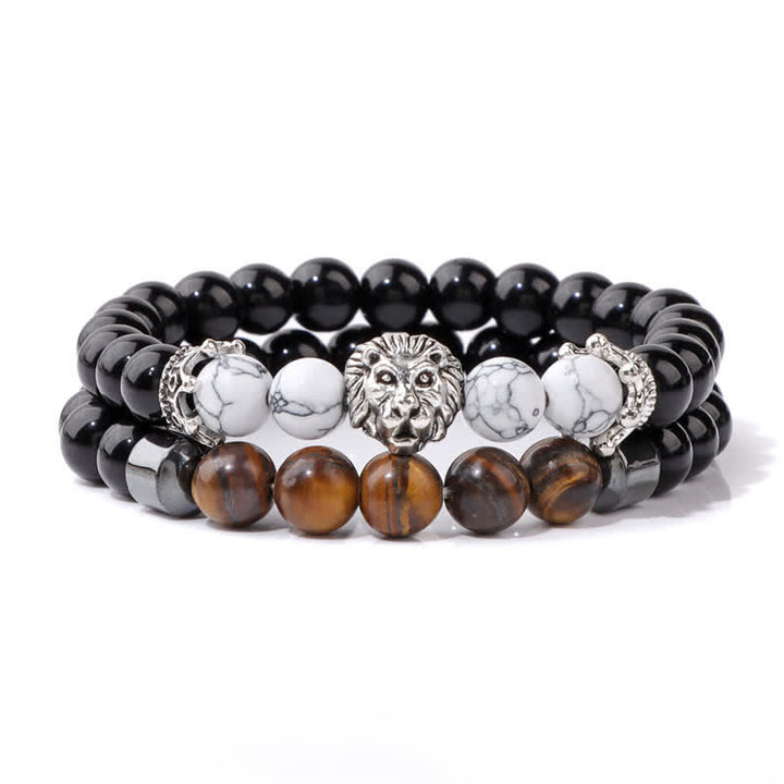 Olivenorma Obsidian Tiger Eye Stone Lion Head Beaded Bracelet - White Turquoise - image 8