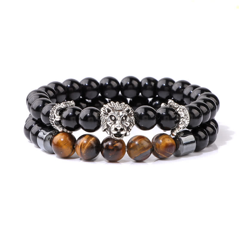 Olivenorma Obsidian Tiger Eye Stone Lion Head Beaded Bracelet - Tiger Eye & Obsidian - image 0