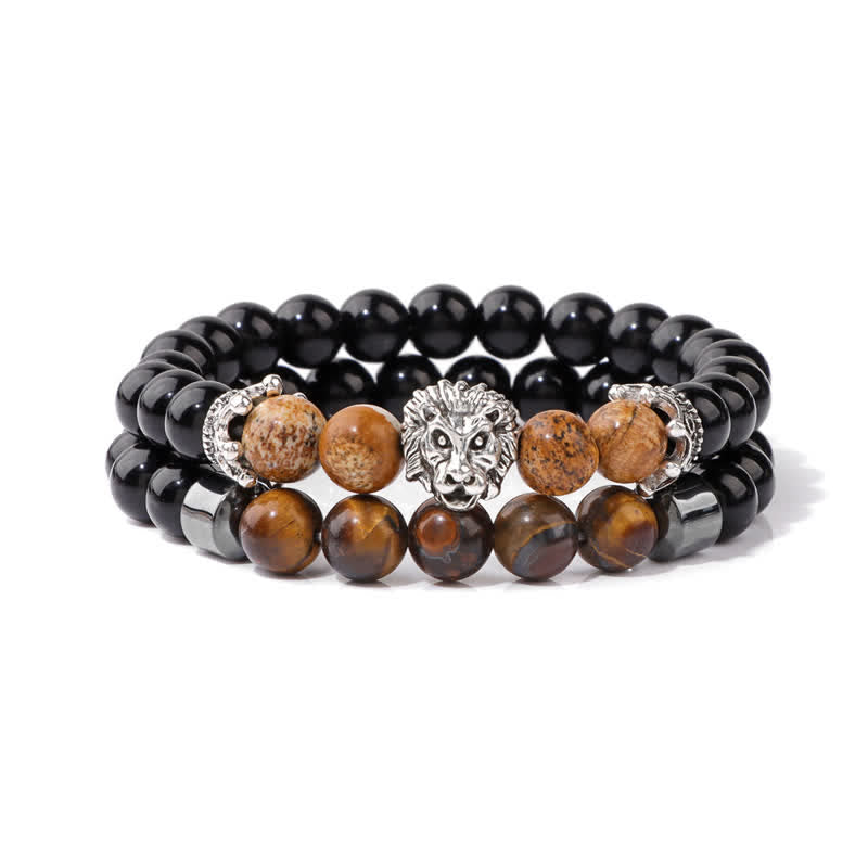 Olivenorma Obsidian Tiger Eye Stone Lion Head Beaded Bracelet - Picture Jasper - image 4