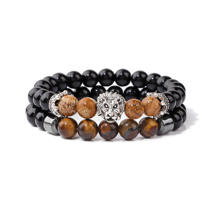 Olivenorma Obsidian Tiger Eye Stone Lion Head Beaded Bracelet - Picture Jasper - image 4