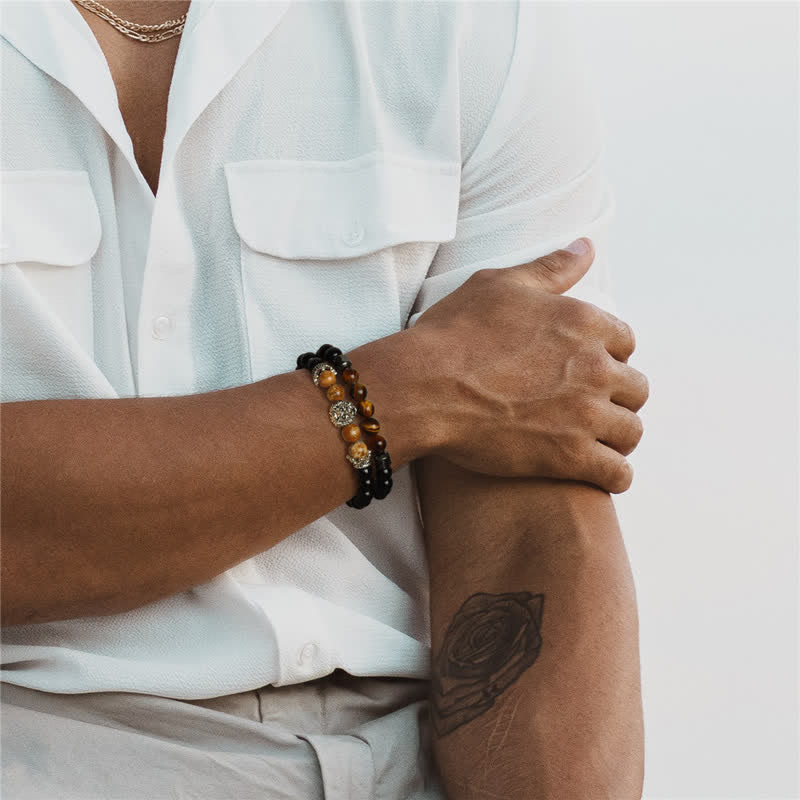 Olivenorma Obsidian Tiger Eye Stone Lion Head Beaded Bracelet - image 1