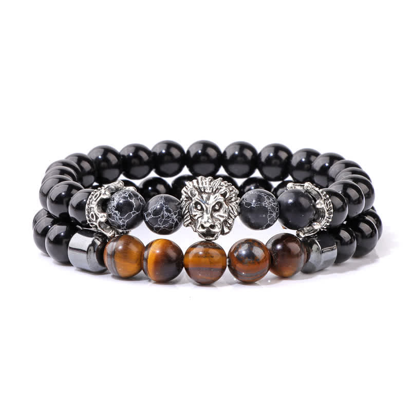 Olivenorma Obsidian Tiger Eye Stone Lion Head Beaded Bracelet - Black Turquoise - image 12