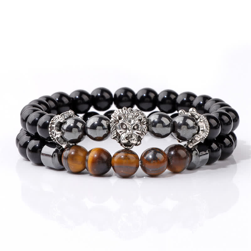 Olivenorma Obsidian Tiger Eye Stone Lion Head Beaded Bracelet - Hematite - image 14