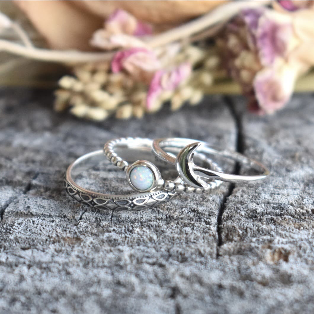 Olivenorma Vintage Crescent Moon Three-piece Opal Ring Set - US 11 - image 0