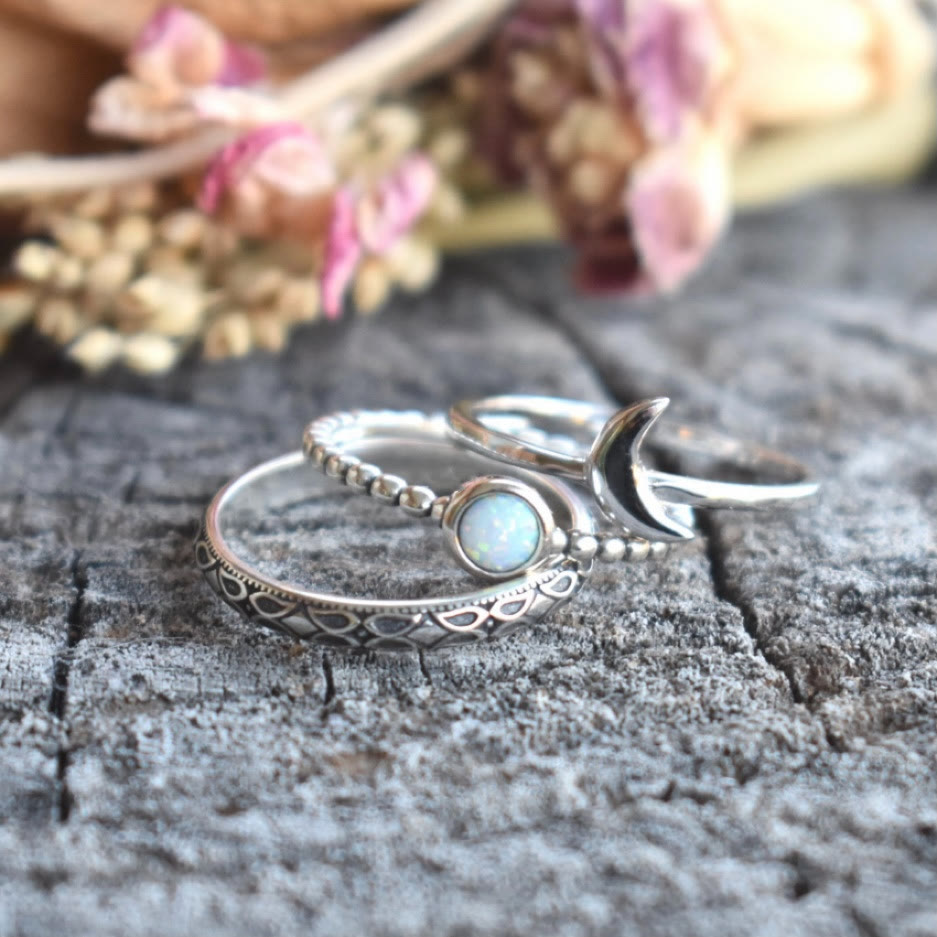 Olivenorma Vintage Crescent Moon Three-piece Opal Ring Set - image 4
