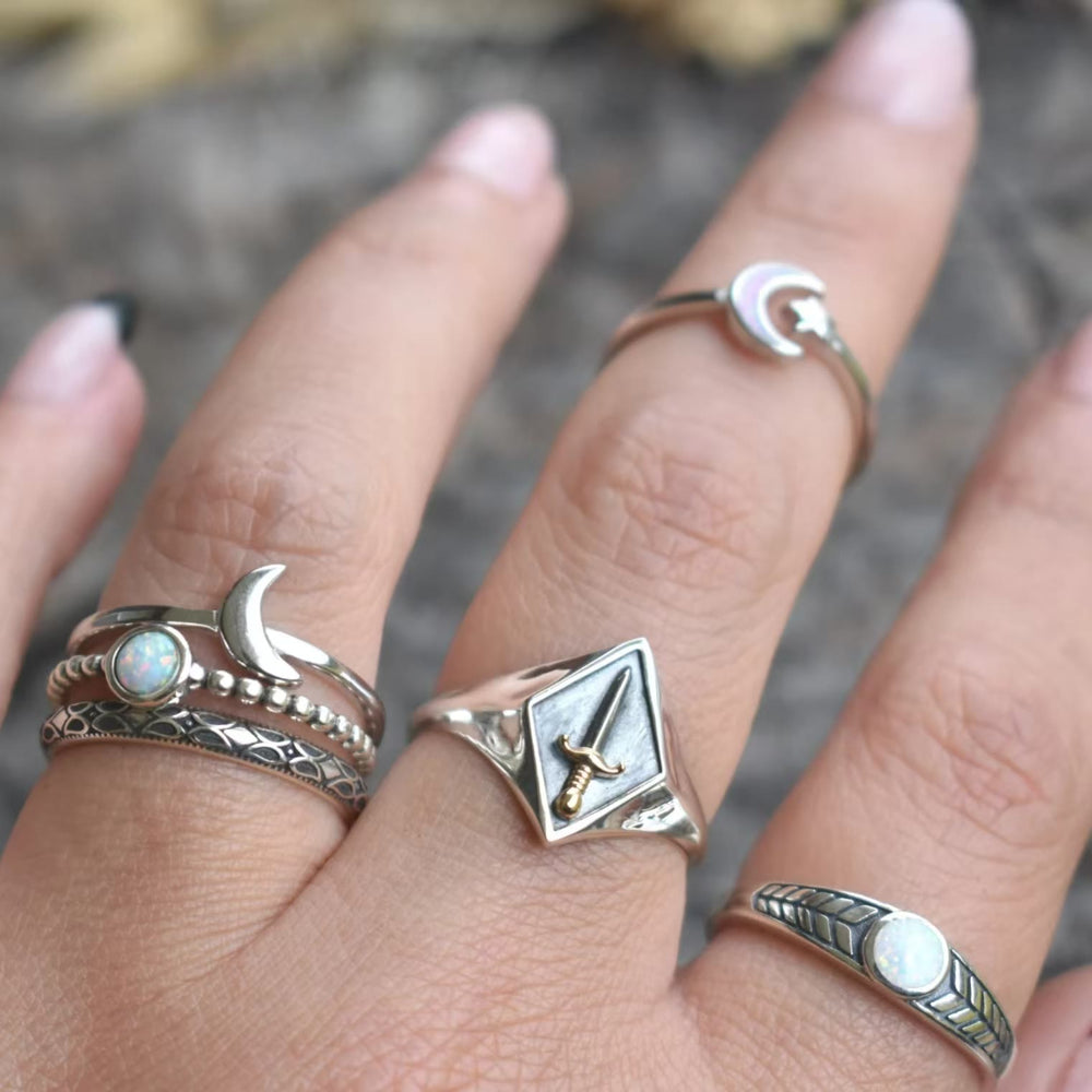 Olivenorma Vintage Crescent Moon Three-piece Opal Ring Set - image 1