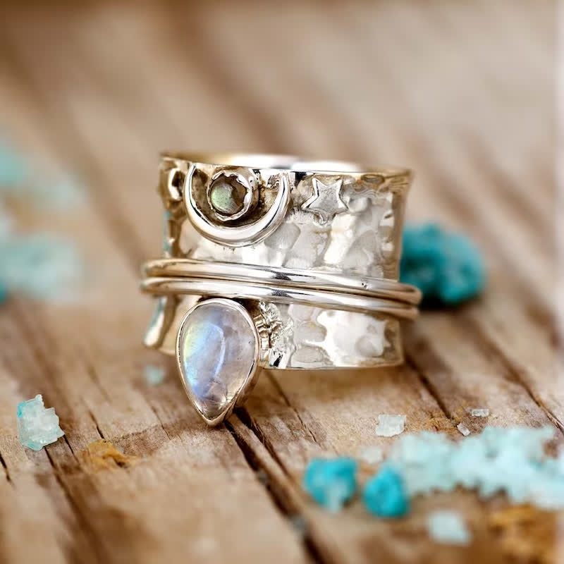 Olivenorma Bohemian Moonstone Star Moon Wide Face Ring - image 3
