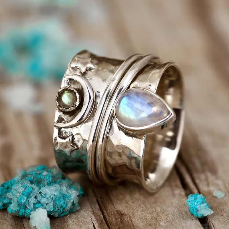 Olivenorma Bohemian Moonstone Star Moon Wide Face Ring - image 2