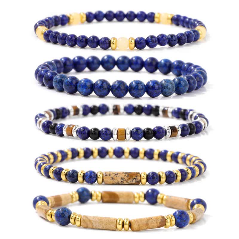 Olivenorma 4mm Stone Beads 5 Piece Bracelet - Lapis Lazuli & Picture Jasper - image 1