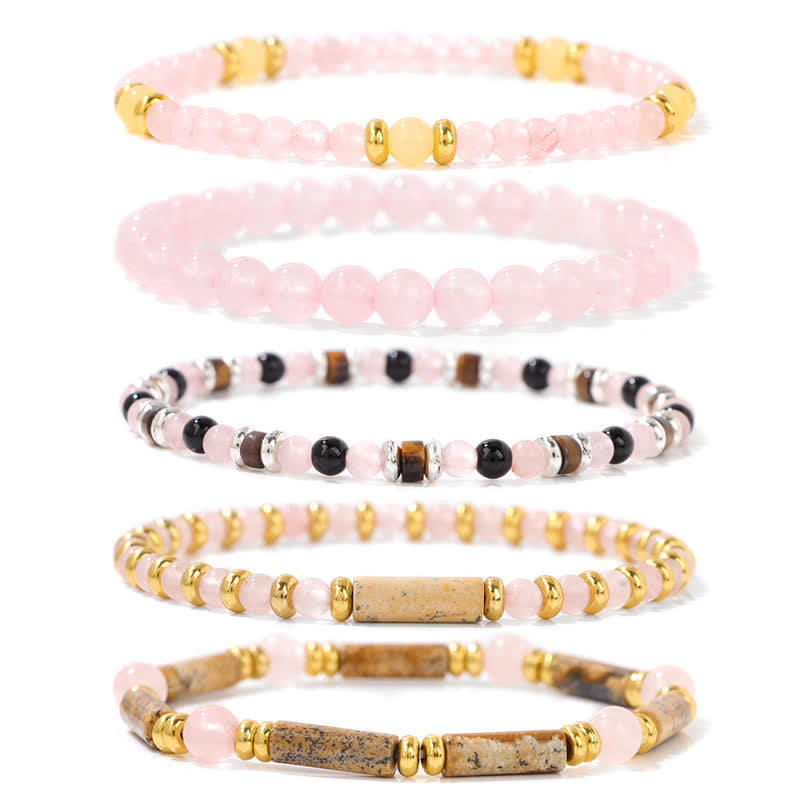 Olivenorma 4mm Stone Beads 5 Piece Bracelet - Rose Quartz & Picture Jasper - image 10