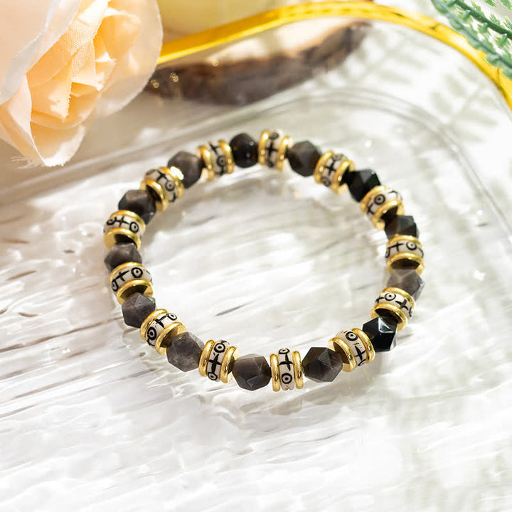 Olivenorma Natural Faceted Stone Roller Beads Beaded Bracelet - Silver Obsidian - image 3