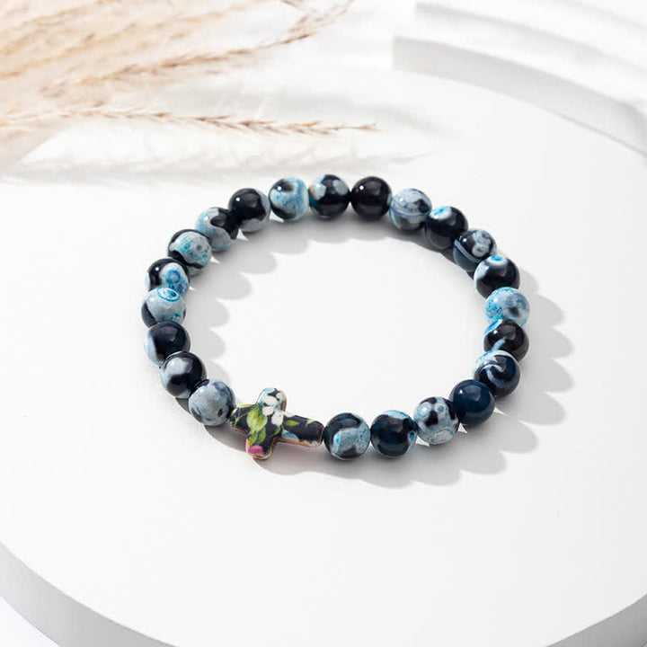 Olivenorma Natural Flame Agate Cross Bracelet - Lake Blue - image 1
