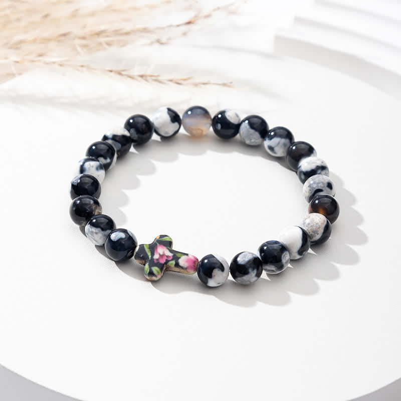 Olivenorma Natural Flame Agate Cross Bracelet - Black White - image 3