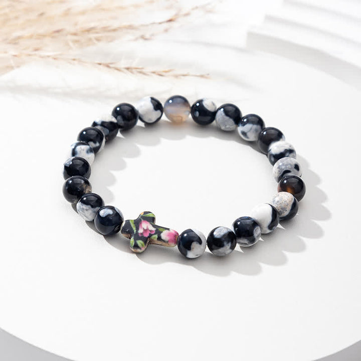 Olivenorma Natural Flame Agate Cross Bracelet - Black White - image 3