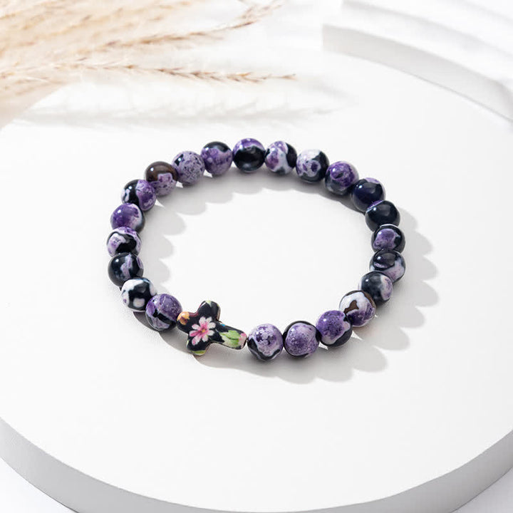 Olivenorma Natural Flame Agate Cross Bracelet - Purple - image 2