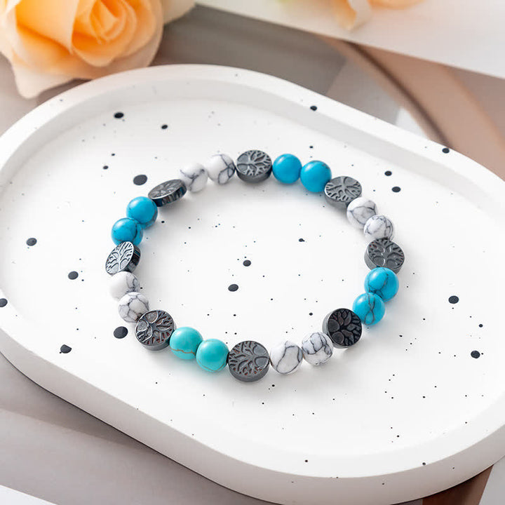Olivenorma Natural Stone Tree of Life Metal Plate Beaded Bracelet - Turquoise & White Turquoise - image 3
