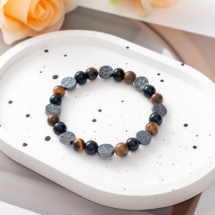 Olivenorma Natural Stone Tree of Life Metal Plate Beaded Bracelet - Tiger Eye & Obsidian - image 0