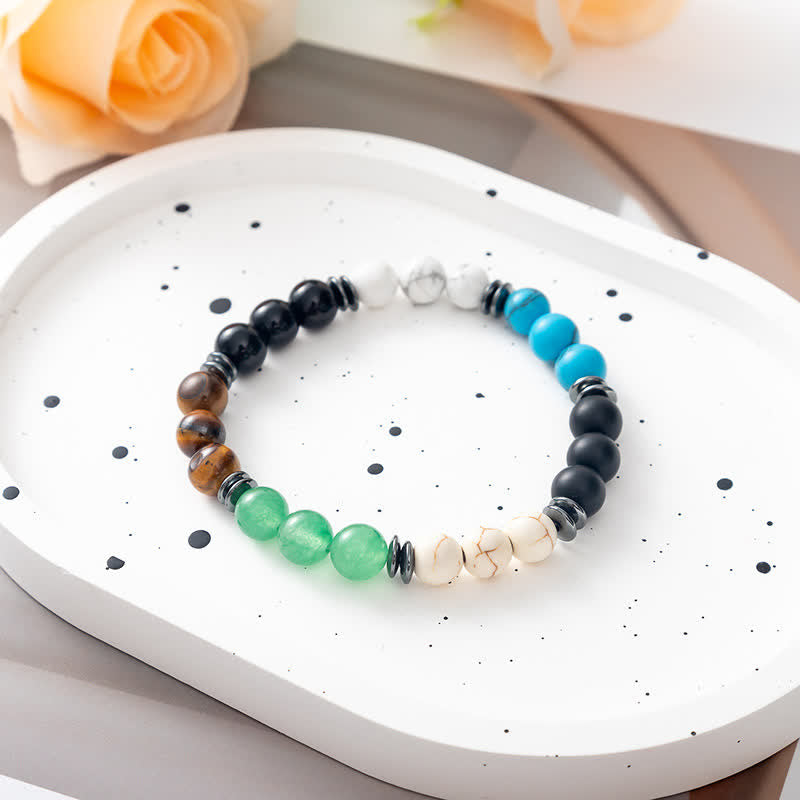 Olivenorma Natural Stone Tree of Life Metal Plate Beaded Bracelet - Tiger Eye & Obsidian & Green Fluorite & Turquoise & White Turquoise - image 9