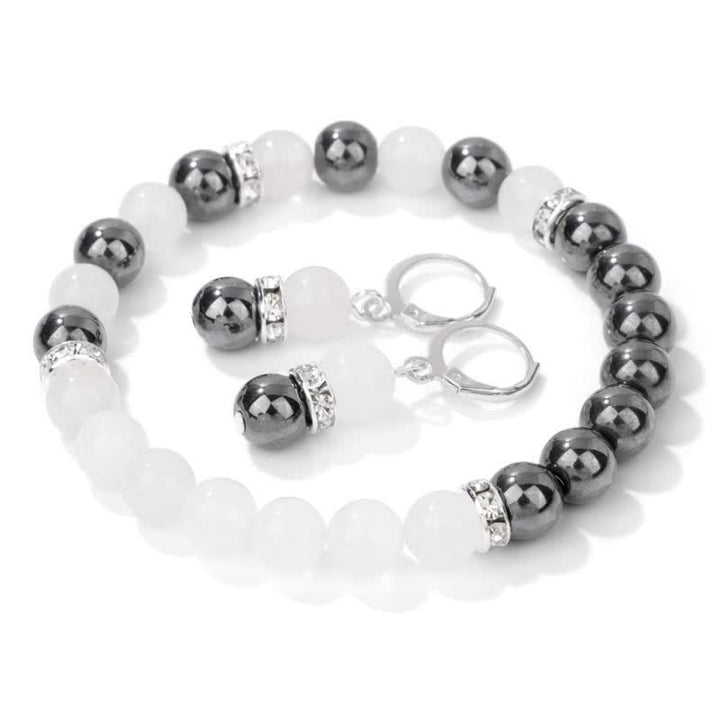 Olivenorma Natural Crystal Beads Beaded Bracelet Earrings - Clear Crystal & Hematite - image 0