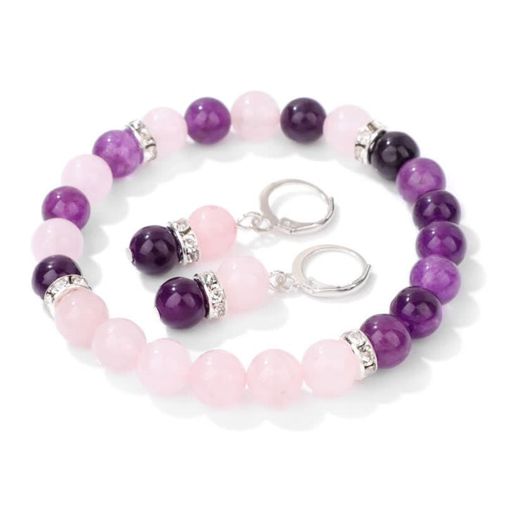 Olivenorma Natural Crystal Beads Beaded Bracelet Earrings - Amethyst & Rose Quartz - image 3