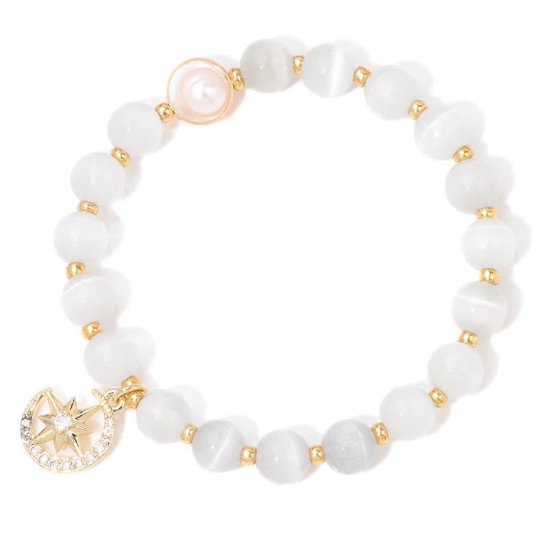 Olivenorma Cat's Eye Stone Beaded Moon & Star Pendant Bracelet - White - image 1