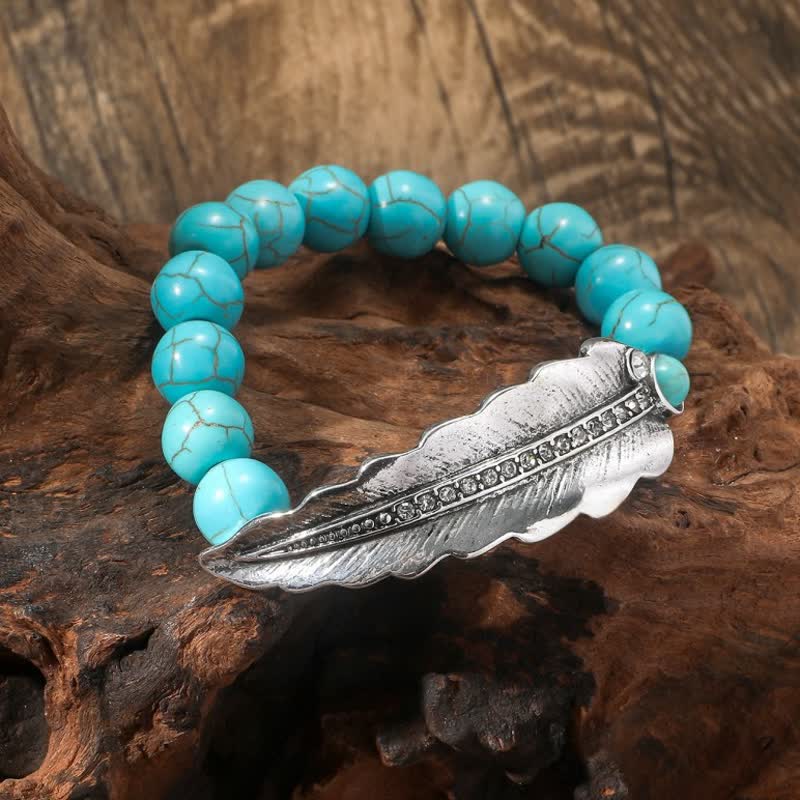 Olivenorma Bohemia Round Turquoise Beads Alloy Leaf Bracelet - Turquoise - image 0