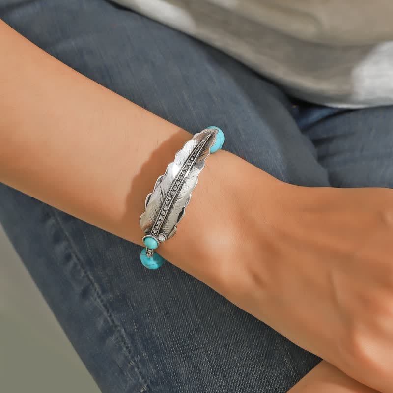 Olivenorma Bohemia Round Turquoise Beads Alloy Leaf Bracelet - image 2